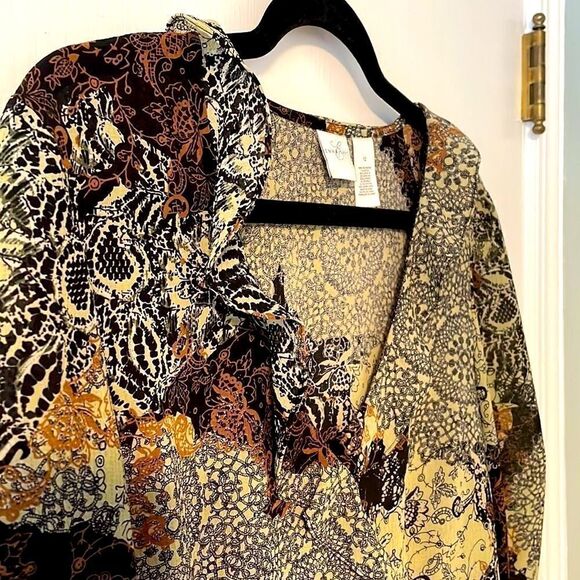 Emma James ruffle earth tone print button front bracelet sleeve blouse 12 EUC - Picture 2 of 14